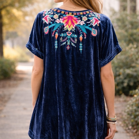 Johnny Was Velvet Embroidered Boho Tunic Top Blue Silk Blend Size L - Picture 2 of 15